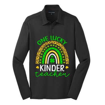 One Lucky Kinder Teacher St Patricks Day Teacher Rainbow Graphic Plus Size Silk Touch Performance Long Sleeve Polo