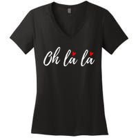 Oh La La, French Word Art With Red Hearts Women's V-Neck T-Shirt