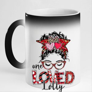 One Loved Lolly Red Plaid Leopard Messy Bun Valentine's Day 11oz Black Color Changing Mug