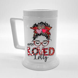 One Loved Lolly Red Plaid Leopard Messy Bun Valentine's Day Beer Stein