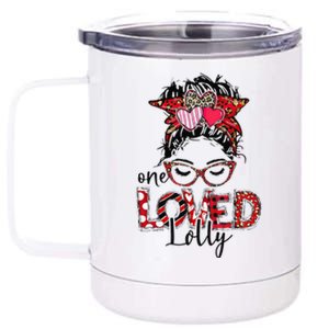 One Loved Lolly Red Plaid Leopard Messy Bun Valentine's Day 12 oz Stainless Steel Tumbler Cup