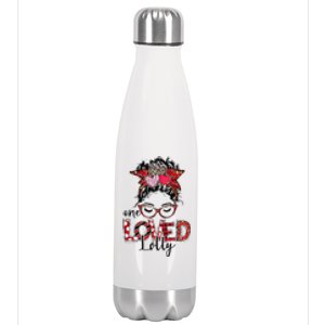 One Loved Lolly Red Plaid Leopard Messy Bun Valentine's Day Stainless Steel Insulated Water Bottle