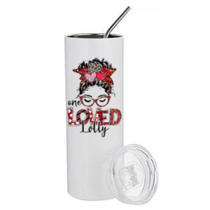 One Loved Lolly Red Plaid Leopard Messy Bun Valentine's Day Stainless Steel Tumbler