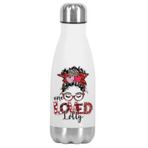 One Loved Lolly Red Plaid Leopard Messy Bun Valentine's Day Stainless Steel Insulated Water Bottle