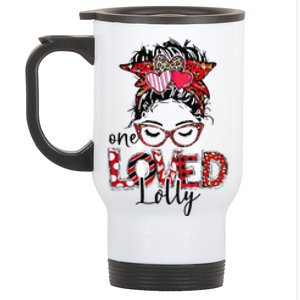 One Loved Lolly Red Plaid Leopard Messy Bun Valentine's Day Stainless Steel Travel Mug