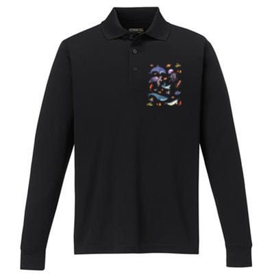 Ocean Life Love Sea Turtle Dolphin Jellyfish Whale Fishes Performance Long Sleeve Polo