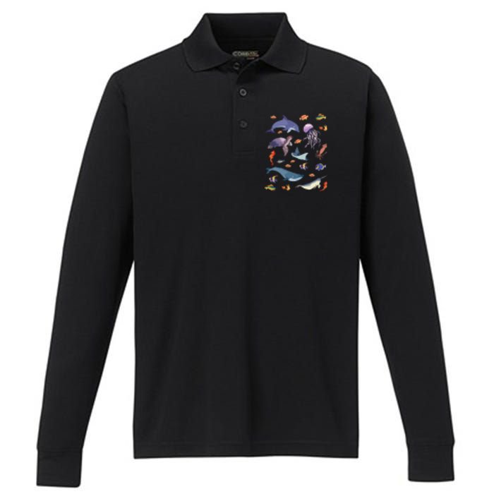 Ocean Life Love Sea Turtle Dolphin Jellyfish Whale Fishes Performance Long Sleeve Polo