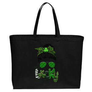 One Lucky Mama Cute Messy Bun Saint Patrick's Day Irish Cotton Canvas Jumbo Tote