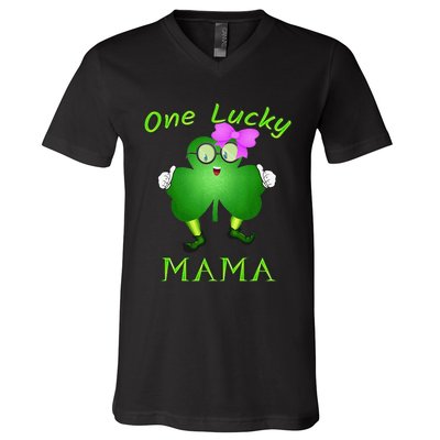 One Lucky Mama Pink Bow Shamrock St Patrick's Day Irish Mom V-Neck T-Shirt