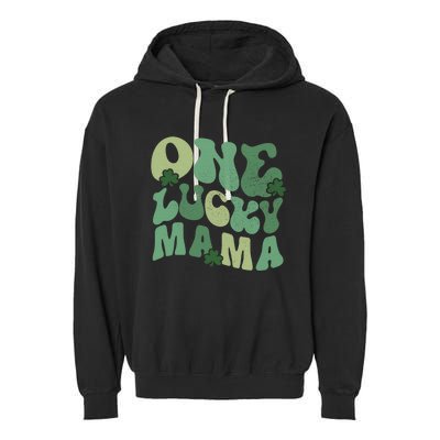 One Lucky Mama St Patricks Day Mom Mother Groovy Garment-Dyed Fleece Hoodie