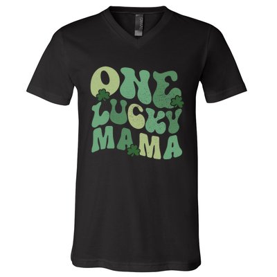 One Lucky Mama St Patricks Day Mom Mother Groovy V-Neck T-Shirt