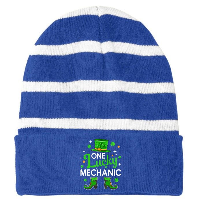 One Lucky Mechanic St Patrick's Day Leprechaun Mechanic Gift Striped Beanie with Solid Band