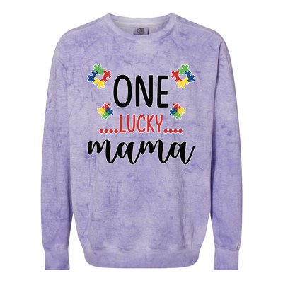 One Lucky Mama Awareness Autistic Autism Mother Mom Funny Gift Colorblast Crewneck Sweatshirt