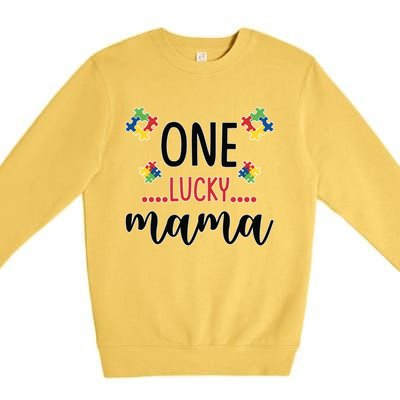 One Lucky Mama Awareness Autistic Autism Mother Mom Funny Gift Premium Crewneck Sweatshirt