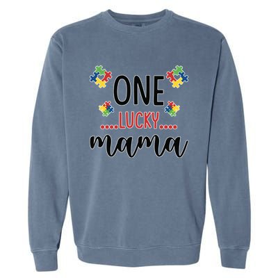 One Lucky Mama Awareness Autistic Autism Mother Mom Funny Gift Garment-Dyed Sweatshirt