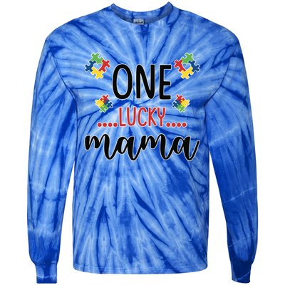 One Lucky Mama Awareness Autistic Autism Mother Mom Funny Gift Tie-Dye Long Sleeve Shirt