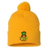 One Lucky Memaw Messy Bun Leopard St Patricks Day Meaningful Gift Pom Pom 12in Knit Beanie