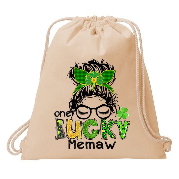 One Lucky Memaw Messy Bun Leopard St Patricks Day Meaningful Gift Drawstring Bag