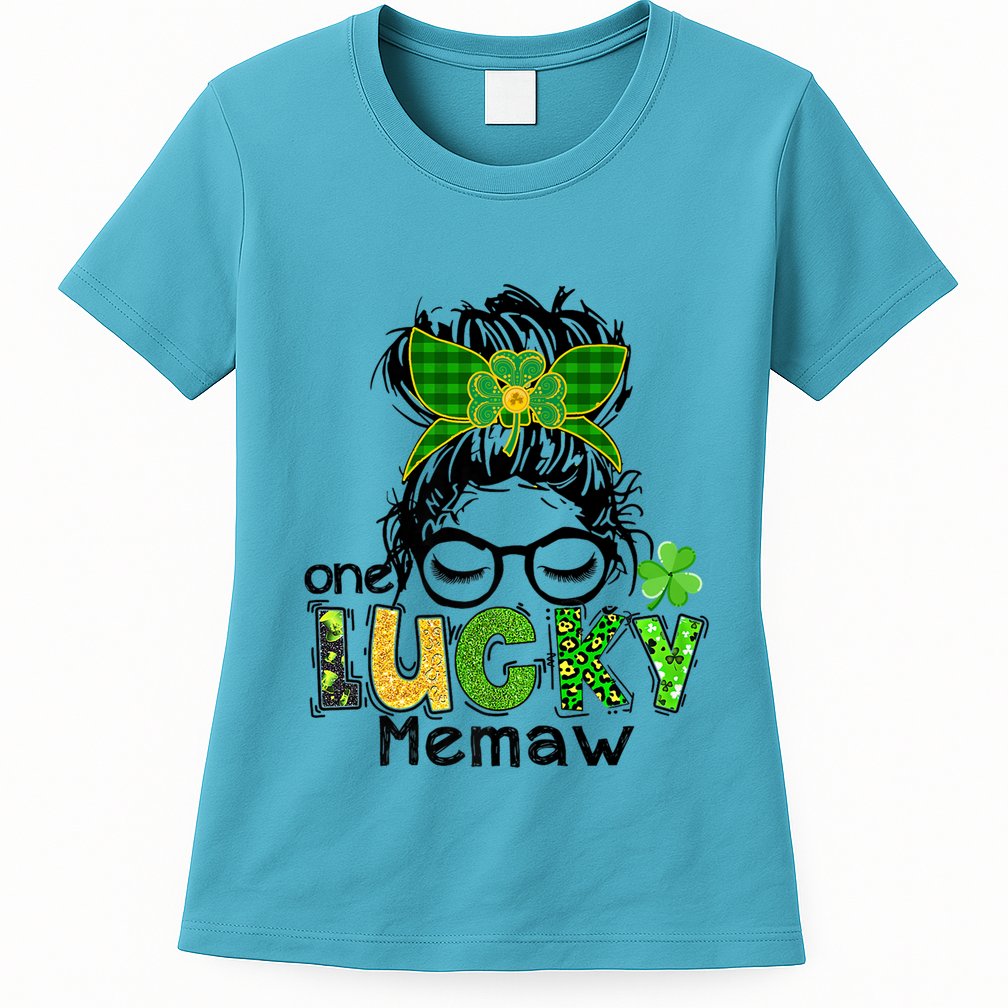 One Lucky Memaw Messy Bun Leopard St Patricks Day Meaningful Gift Womens T-Shirt