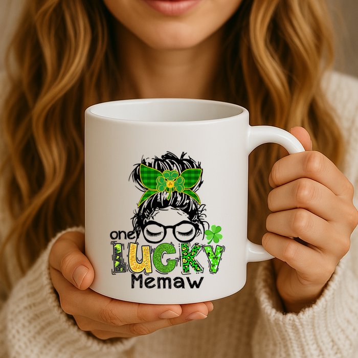 One Lucky Memaw Messy Bun Leopard St Patricks Day Meaningful Gift Mug