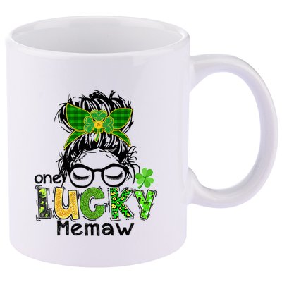 One Lucky Memaw Messy Bun Leopard St Patricks Day Meaningful Gift 11oz C Handle Ceramic Mug