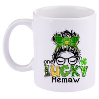 One Lucky Memaw Messy Bun Leopard St Patricks Day Meaningful Gift 11oz C Handle Ceramic Mug