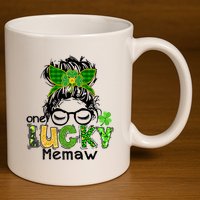 One Lucky Memaw Messy Bun Leopard St Patricks Day Meaningful Gift 11oz C Handle Ceramic Mug