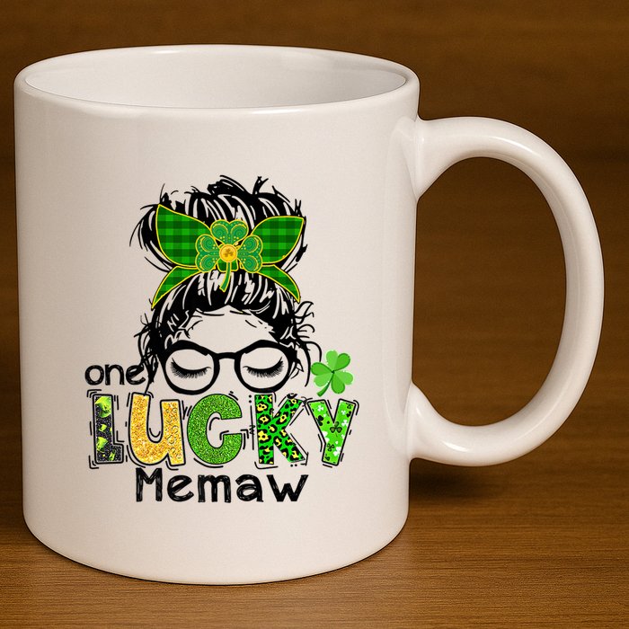 One Lucky Memaw Messy Bun Leopard St Patricks Day Meaningful Gift 11oz C Handle Ceramic Mug