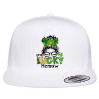 One Lucky Memaw Messy Bun Leopard St Patricks Day Meaningful Gift Flatbill Hat