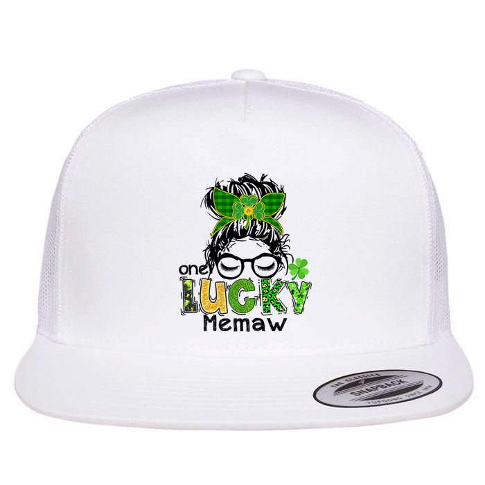 One Lucky Memaw Messy Bun Leopard St Patricks Day Meaningful Gift Flatbill Hat