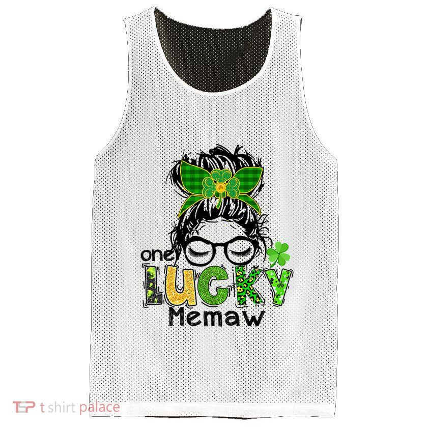 One Lucky Memaw Messy Bun Leopard St Patricks Day Meaningful Gift Mesh Reversible Basketball Jersey Tank