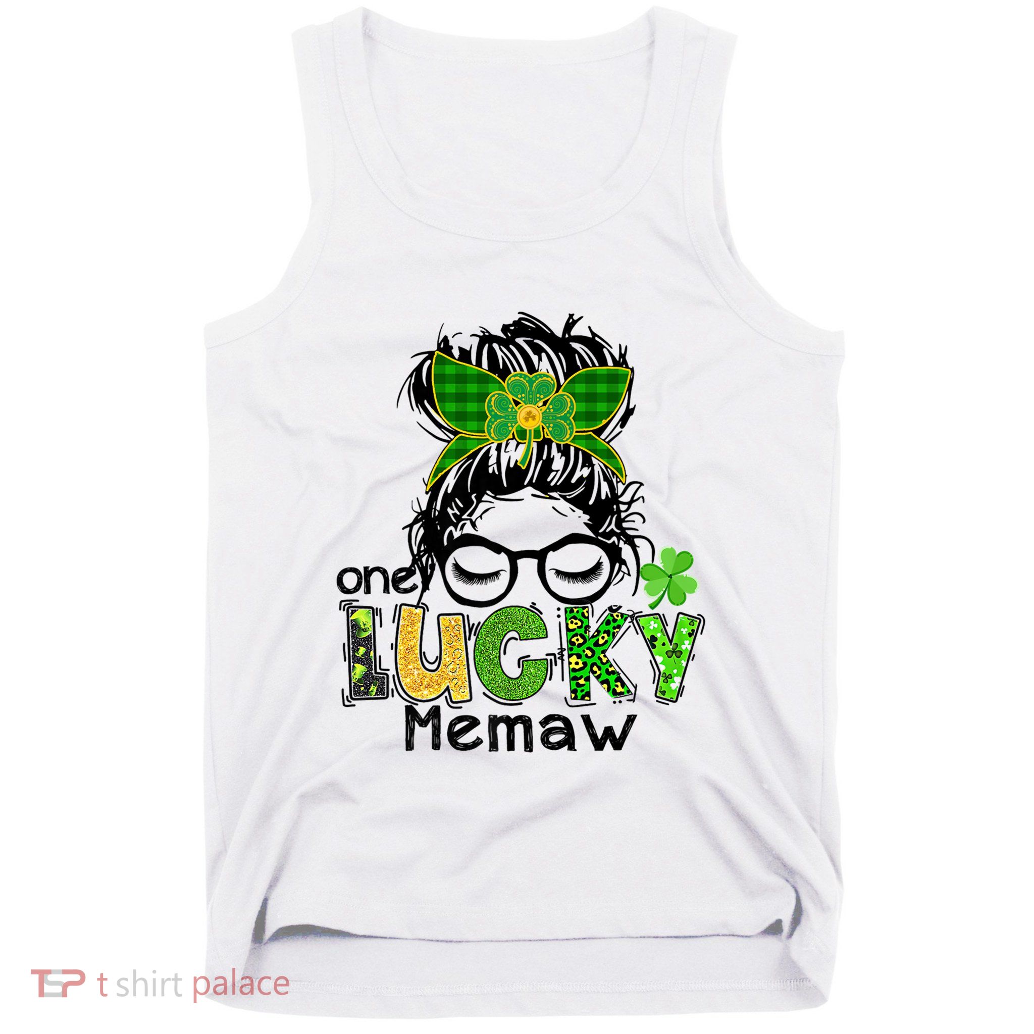 One Lucky Memaw Messy Bun Leopard St Patricks Day Meaningful Gift Tank Top