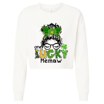 One Lucky Memaw Messy Bun Leopard St Patricks Day Meaningful Gift Cropped Pullover Crew