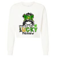 One Lucky Memaw Messy Bun Leopard St Patricks Day Meaningful Gift Cropped Pullover Crew