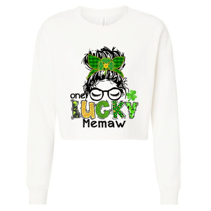 One Lucky Memaw Messy Bun Leopard St Patricks Day Meaningful Gift Cropped Pullover Crew