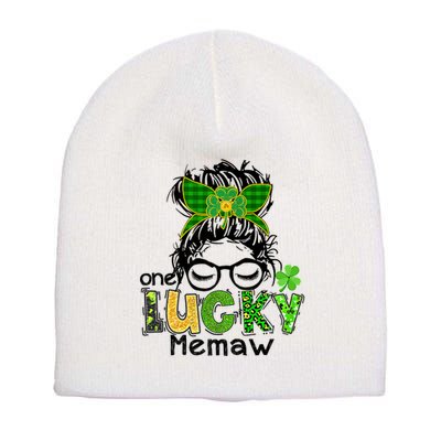 One Lucky Memaw Messy Bun Leopard St Patricks Day Meaningful Gift Short Acrylic Beanie