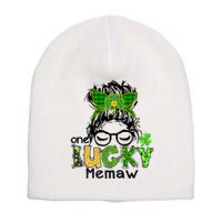 One Lucky Memaw Messy Bun Leopard St Patricks Day Meaningful Gift Short Acrylic Beanie
