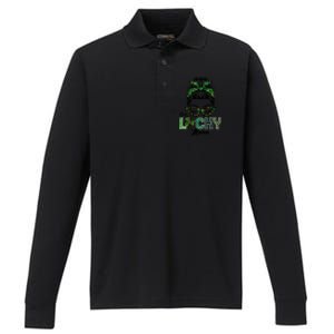 One Lucky Mama Hairbun Saint Paddy St Patricks Day Mom Gift Performance Long Sleeve Polo