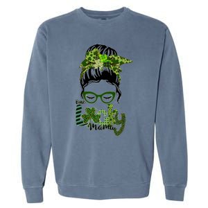 One Lucky Mama Messy Bun St Patricks Day Cute Gift Garment-Dyed Sweatshirt