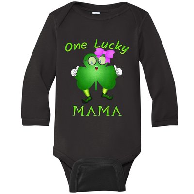 One Lucky Mama Pink Bow Shamrock St Patrick's Day Irish Mom Baby Long Sleeve Bodysuit