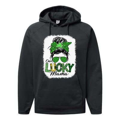 One Lucky Mama Cute Messy Bun St Patricks Day Performance Fleece Hoodie