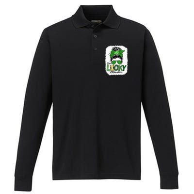 One Lucky Mama Cute Messy Bun St Patricks Day Performance Long Sleeve Polo