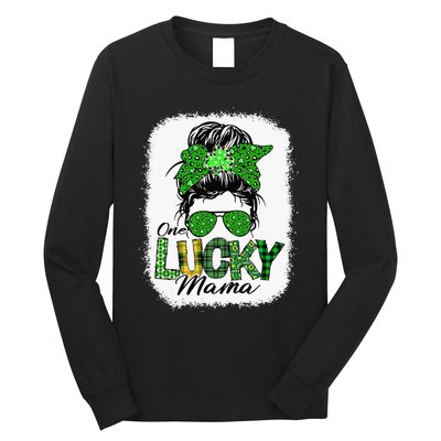 One Lucky Mama Cute Messy Bun St Patricks Day Long Sleeve Shirt