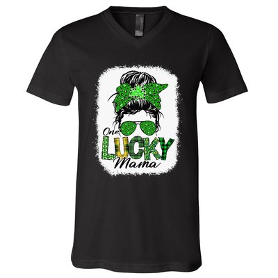 One Lucky Mama Cute Messy Bun St Patricks Day V-Neck T-Shirt