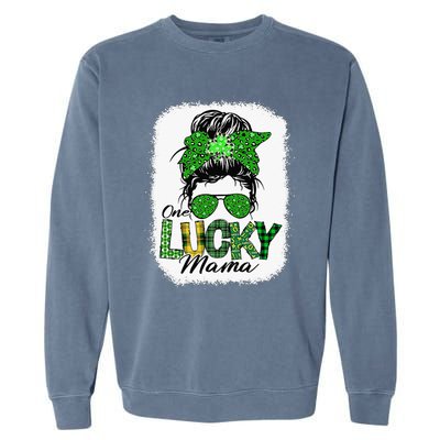 One Lucky Mama Cute Messy Bun St Patricks Day Garment-Dyed Sweatshirt