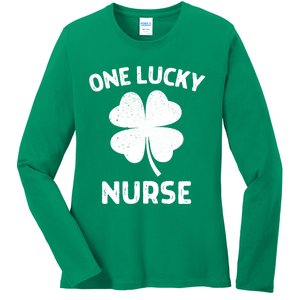 One Lucky Nurse St Patricks Day Green Shamrock Leaf Ladies Long Sleeve Shirt