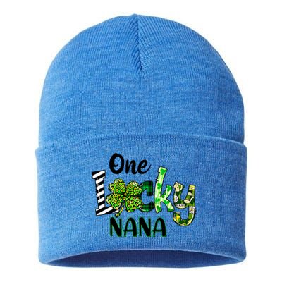 One Lucky Nana St Patricks Day Mom Mother Shamrock Leopard Funny Gift Sustainable Knit Beanie