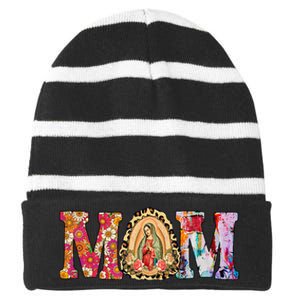 Our Lady of Guadalupe Saint Virgin Mary Mexican Mom Madre Striped Beanie with Solid Band