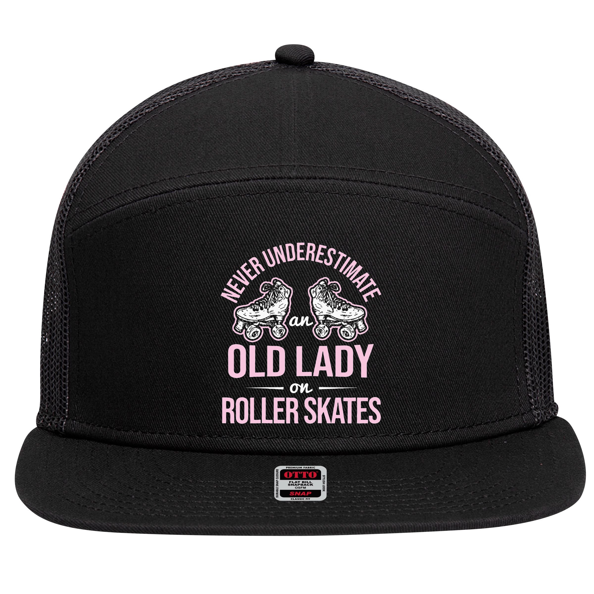 Old Lady On Roller Derby Roller Skating Roller Skate 7 Panel Mesh Trucker Snapback Hat