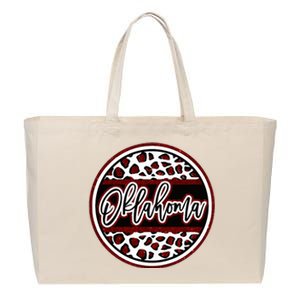 Oklahoma Leopard Ok Varsity Style Red Text Cotton Canvas Jumbo Tote